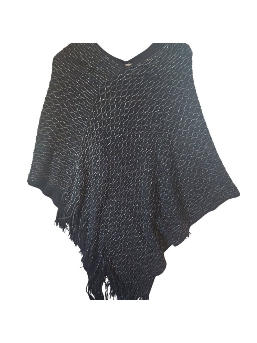 Laura Black Metallic Silver Knit Fringed Poncho Wrap V-Neck One Size